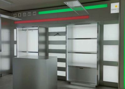 Panoramica dello shop 'Zona Militare' completamente allestito con scaffalature e illuminazione a LED, pronto per l'apertura.