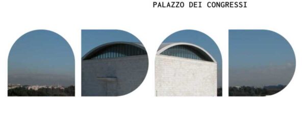 un screenshot della hero della pagina creata dagli organizzatore Federalberghi Roma per l'evento Albergatore Day 2025 il che è totalmente allestito per la Key Comunicazione. Si evidenza il monogragrama grafico da cui s'intravede lo sfondo del palazzo dei congressi di Roma.